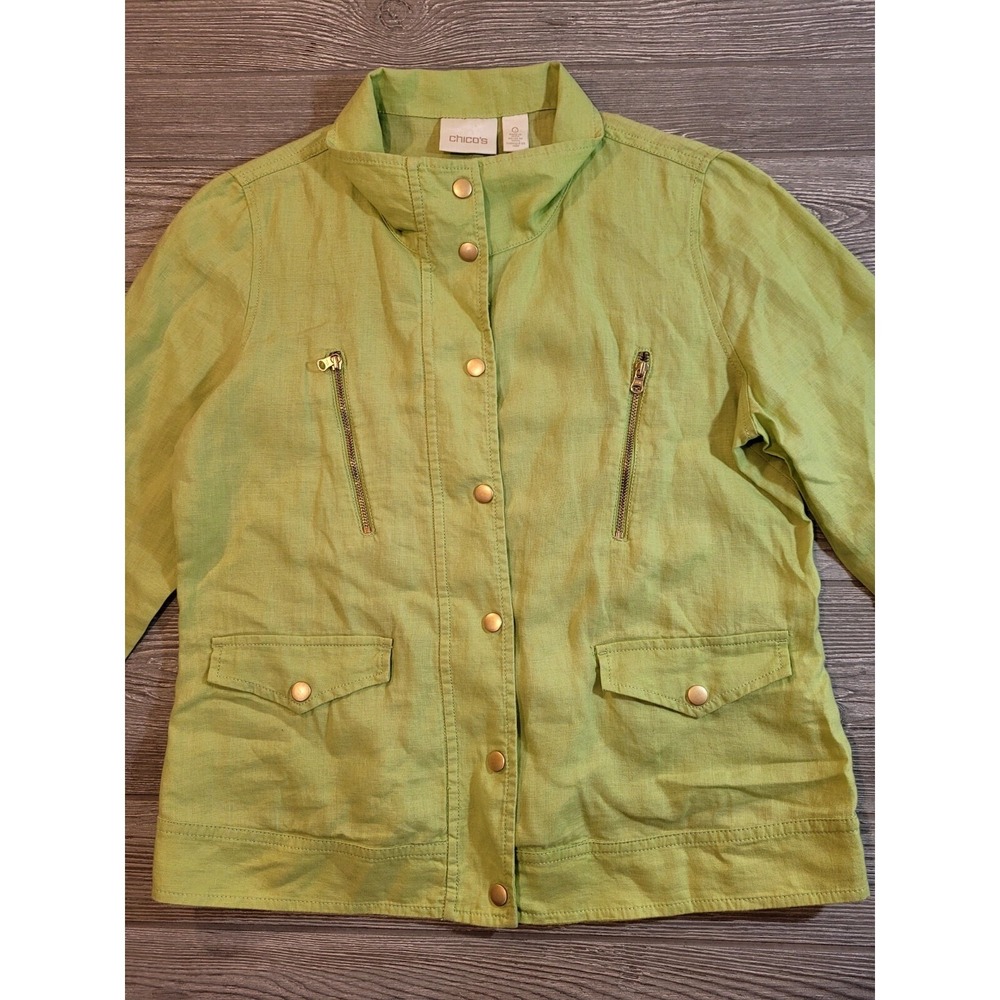 Chicos Stylish Linen Jacket Sap Green 3/4 Sleeve Snap Front Size 0 Small